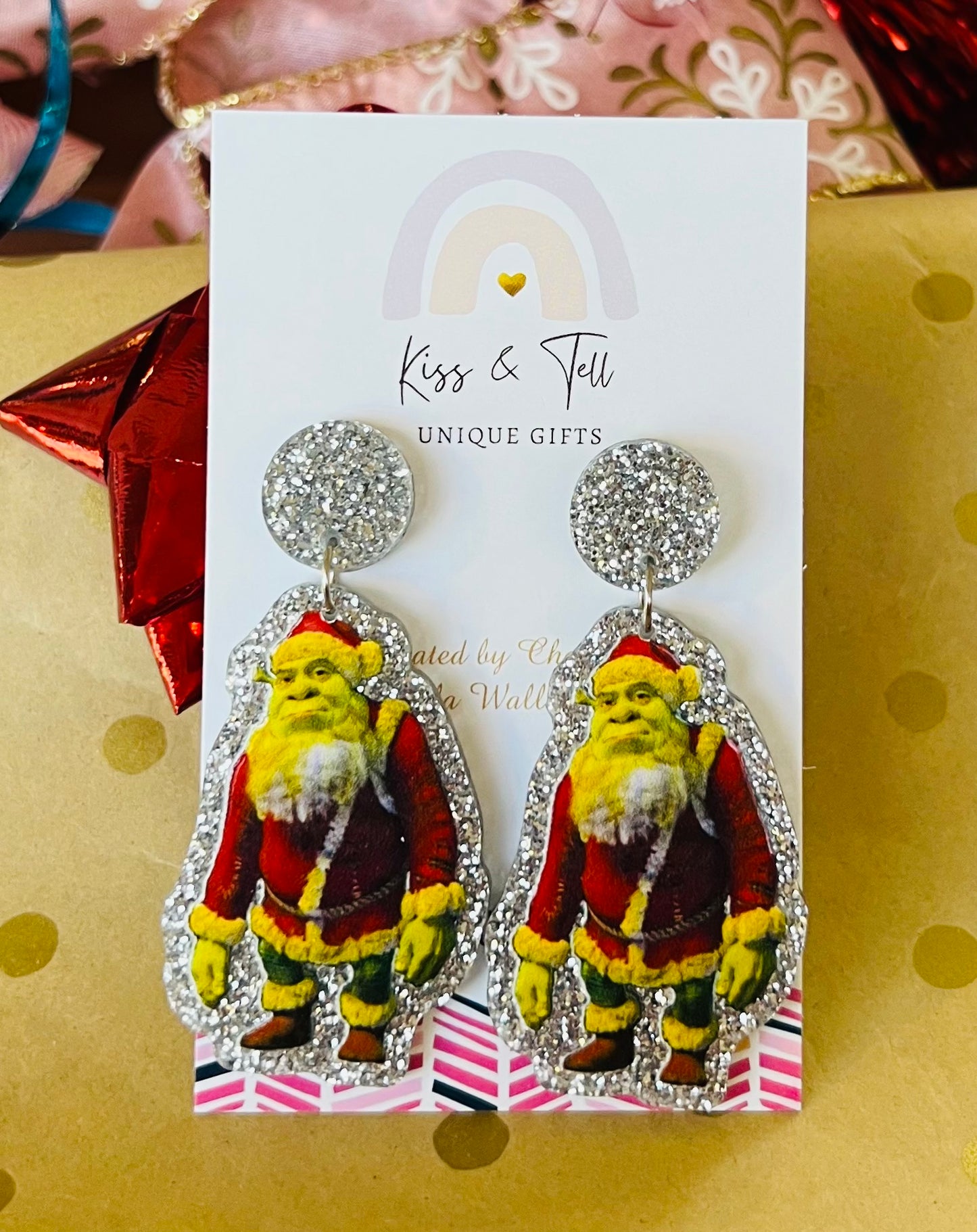 Silver Glitter Christmas Shrek Dangle Earrings