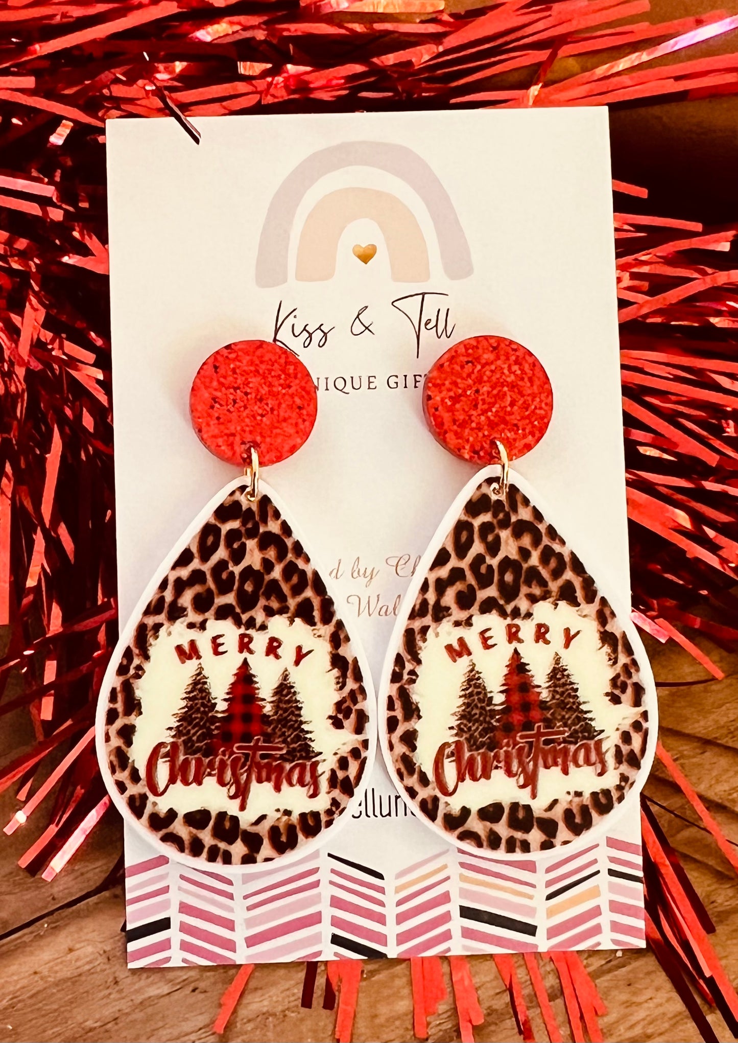 Leopard Print Merry Christmas Dangle Earrings